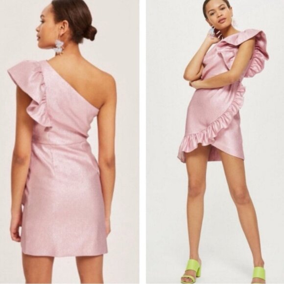 Topshop One Shoulder Glitter Textured Ruffled Mini Party Dress Pink Size 2 NWT - Picture 2 of 16